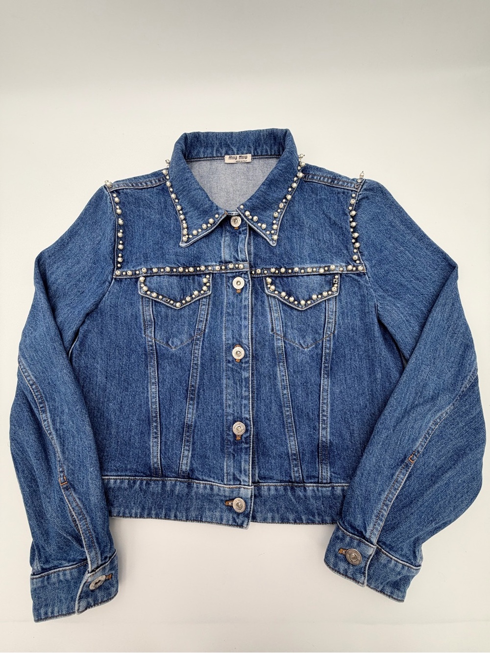 Miu Miu Pearl-Trim Blue Denim Jacket